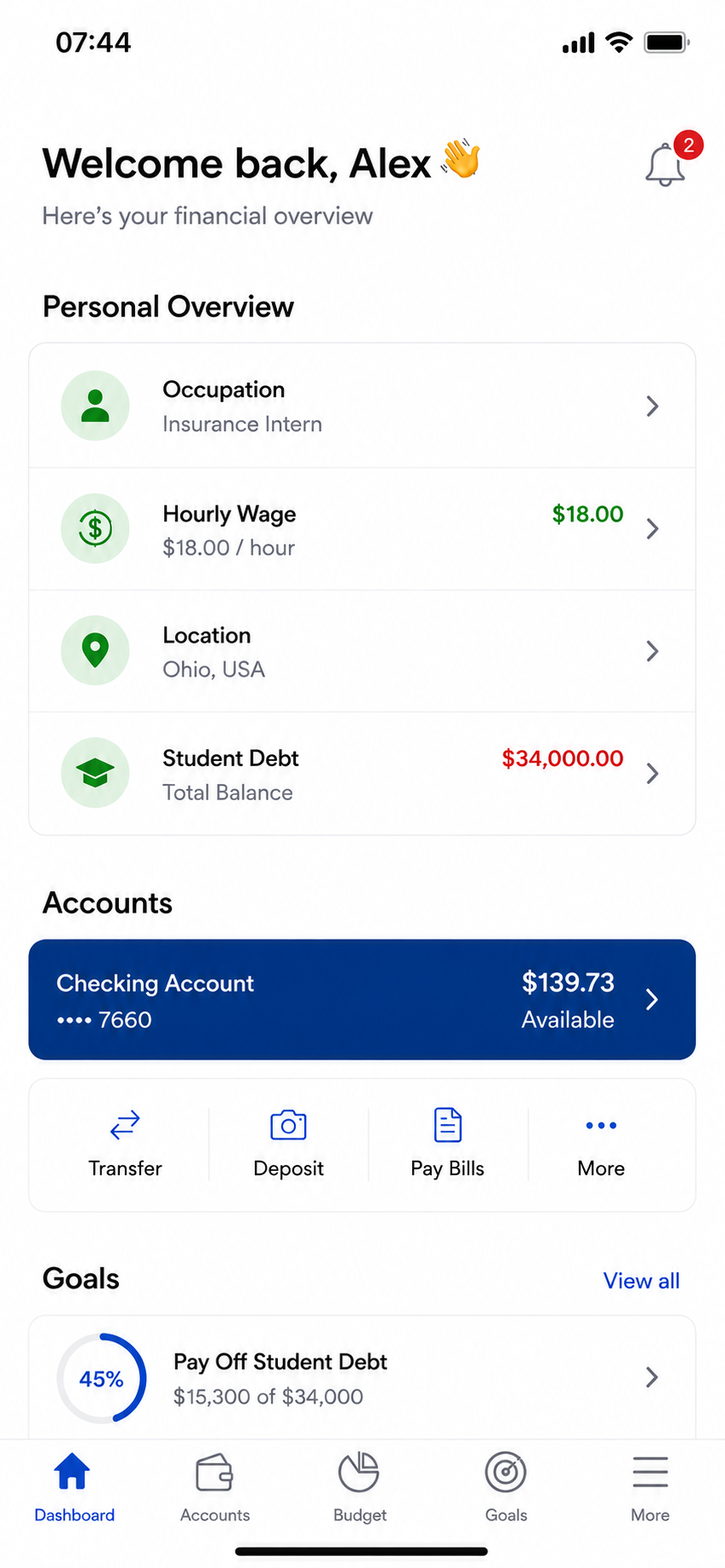 Personal finance overview showing an insurance intern wage, Ohio location, student debt, checking balance, and debt payoff goal