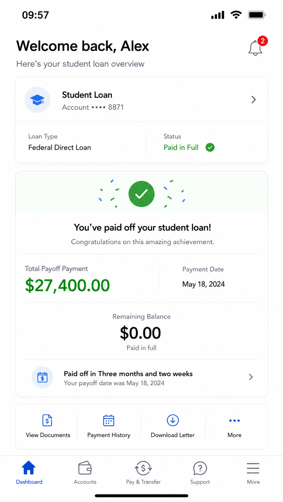 Student loan account screen showing paid in full status, 27400 dollar payoff payment, May 18 2024 payment date, and zero remaining balance